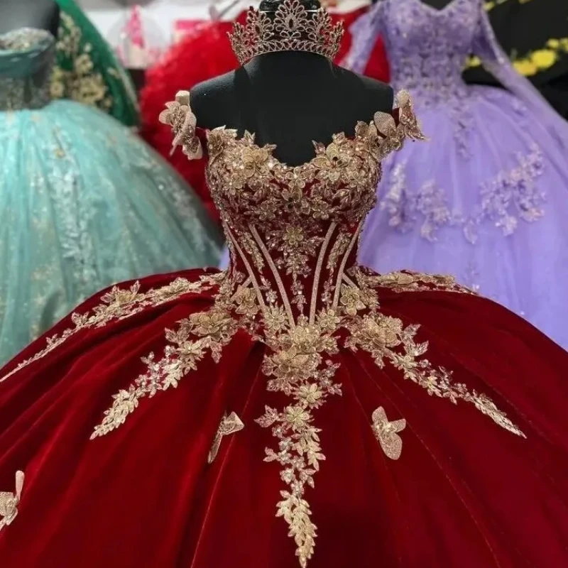

Princess Quinceanera Dresses Ball Gown Off The Shoulder Lace Appliques Bow Corset Sweet 15 16 Prom Party Vestidos De XV Anos