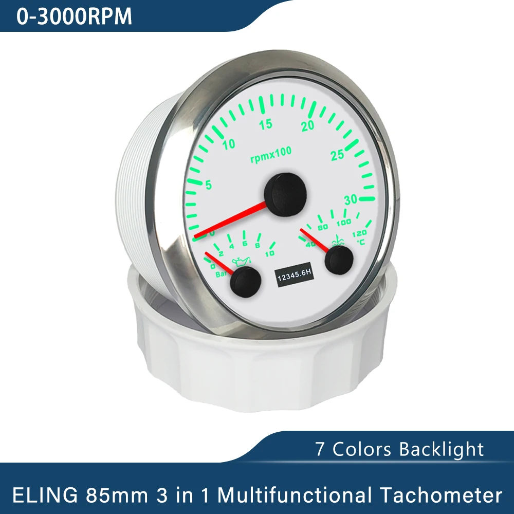 Lodní 85mm 3 v 1 multifunkční 4000RPM 6000RPM 0-8000RPM otáčkoměr s olej měrný tlak voda temp 7 barvivo podsvícení 12V 24V