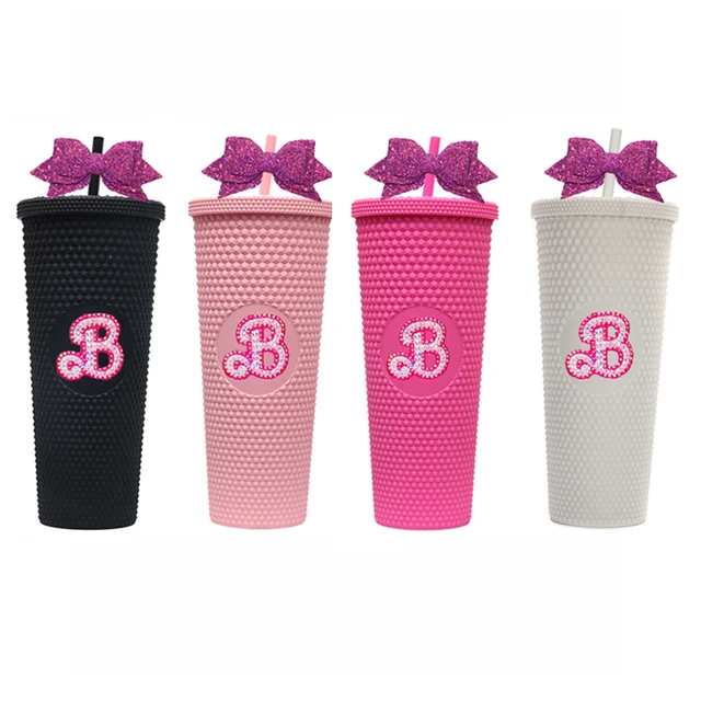 Pink Barb Rhinestone Tumbler with Straw Glitter Bow Inspired