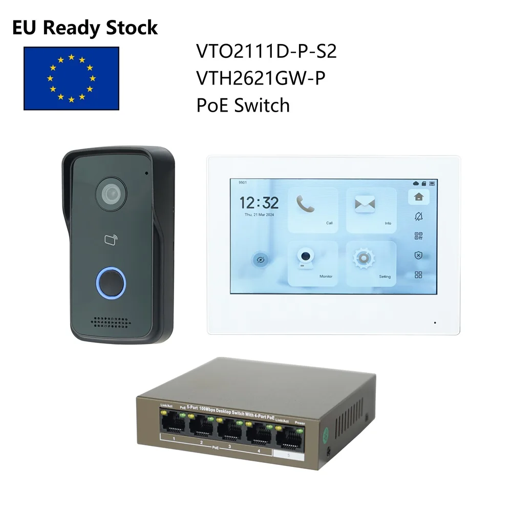 

DH Multi-Language IP Video Intercom KIT,VTO2111D-P-S2 & VTH2621GW-P / VTH2621G-P & PoE switch,support SIP, RFID Card Unlock