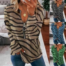 

Women Fashion Blouse 2022 Spring Long Sleeve Sexy Zipper V Neck Ladies Loose Shirts Vintage Stripes Print Pullover Tops