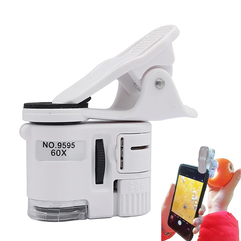 Microscope Universal Clip 60X LED Jewelry Magnifying Glass Focusing Adjusted Pocket Microscope with Cell Phone Clip UV Light with microscope arm stand,microscope objective lens,microscope glass slides,microscope lamp,soldering microscope,video microscope stand,microscope adapter,binocular microscope,microscope camera,phone clip for microscope