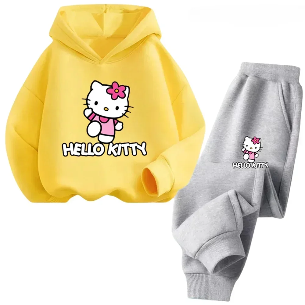 thumbnail image 1 of Conjunto de 2 piezas de sudadera y pantalones con estampado de dibujos animados de Hello Kitty Kawaii para primavera y otoño, ropa para niños de 2 a 14 años, chándal de moda, 1 of 5