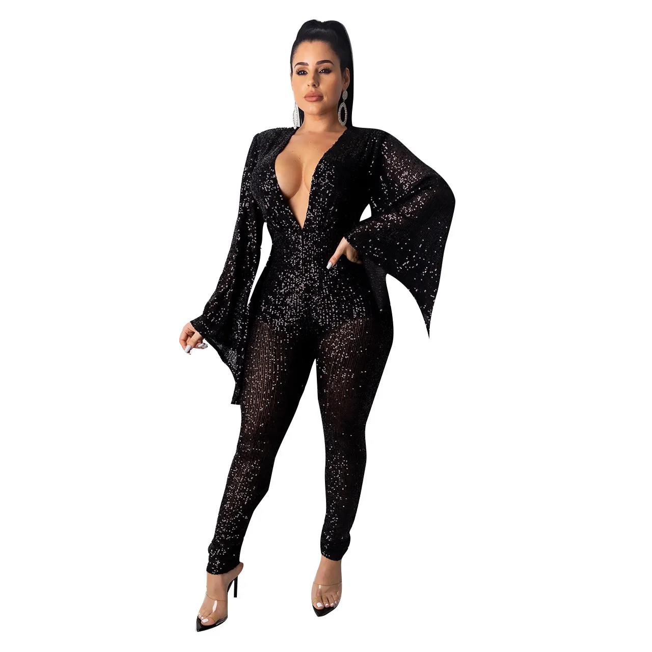 Sexy Slimming Nightclub Party Party Club Mesh See Through Deep V Sequins Wide Sleeve Jumpsuit