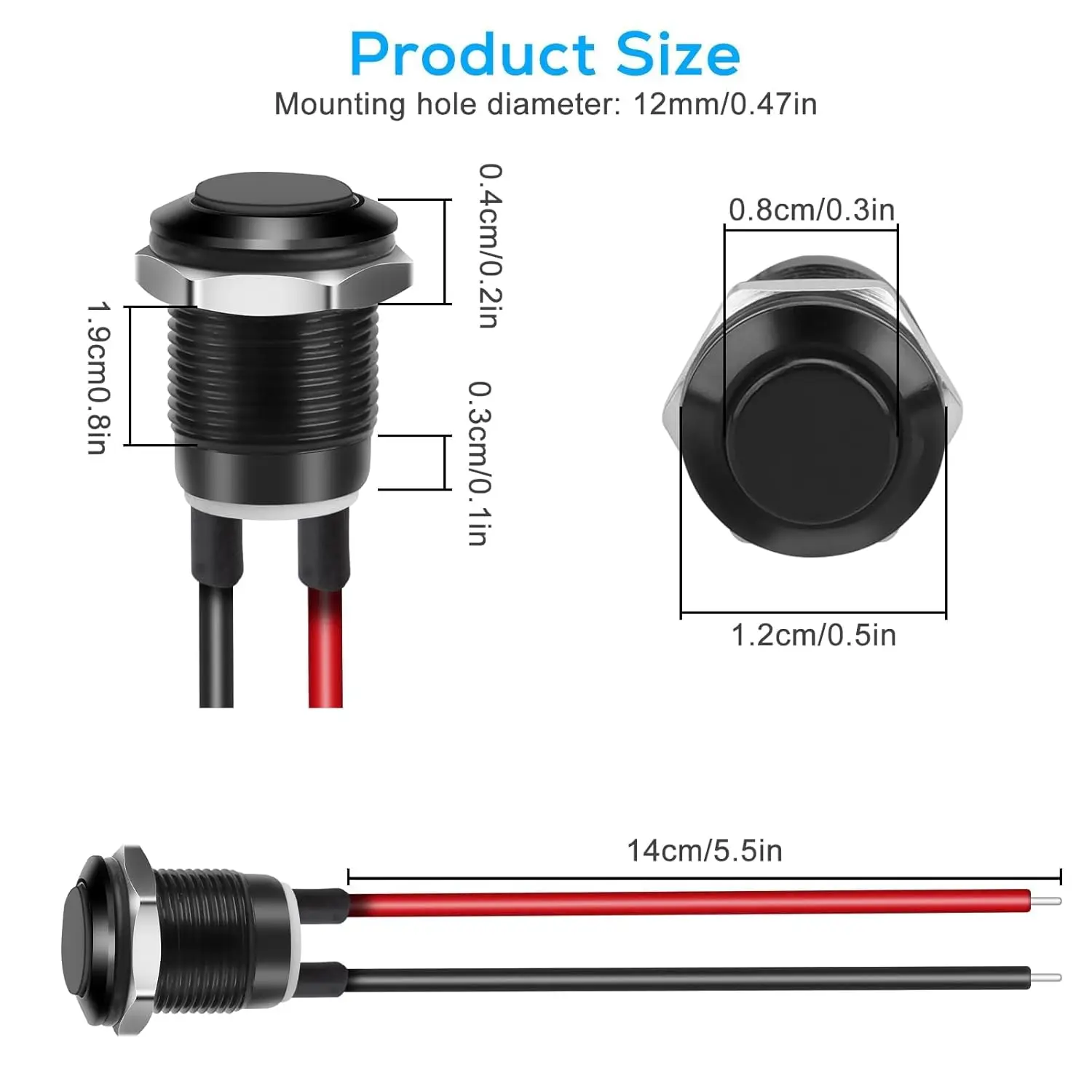 5/10pcs 12mm 순간 푸시 버튼 스위치 사전 배선이 있는 검정색 쉘, IP65 방수 푸시 버튼 스위치, 알루미늄 합금