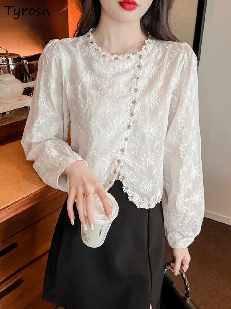 

Floral Blouses Women Temperament Fashion Spring Daily All-match Crop BF Female Slim Sweet Retro Design Creativity Asymmetrical