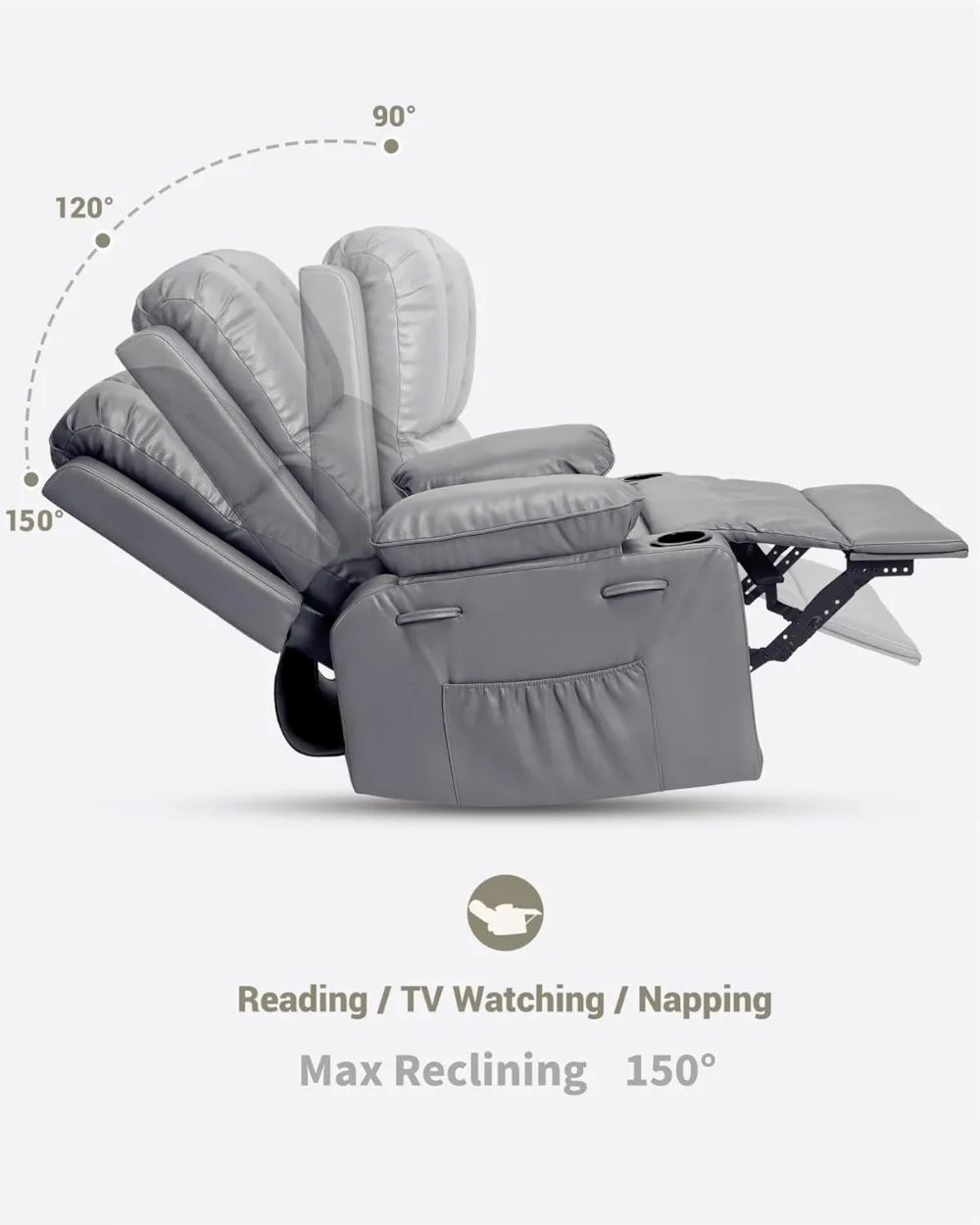 Manual Recliner Chair, Oversized PU Leather Sofa, Comfy Armchair for Living Room Bedroom Gaming Grey