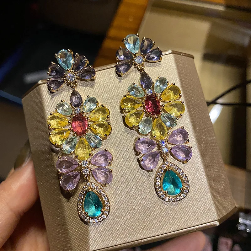 

2023 Colorful Diamond Stamen Colorful Fashion Zircon Earrings Crystal Flower Retro