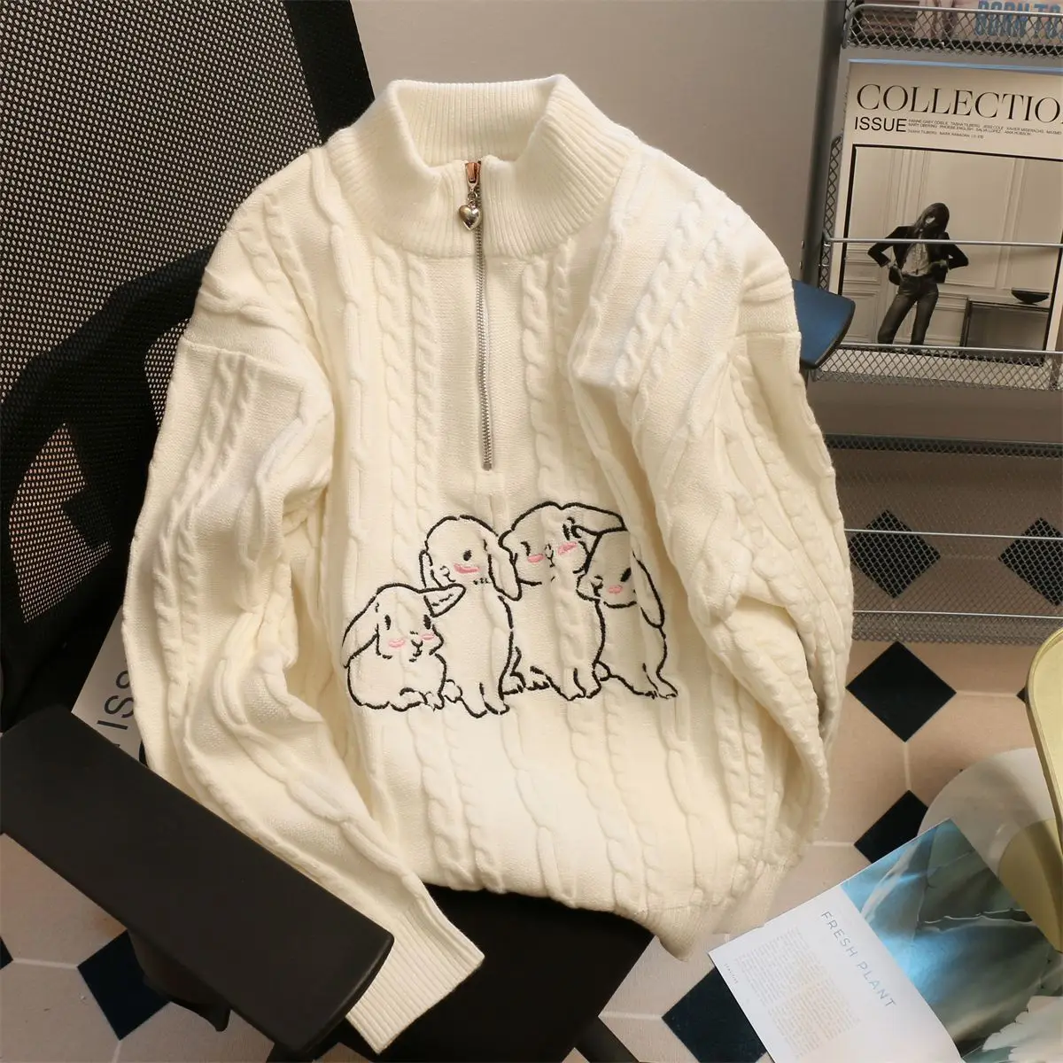 

White Fried Dough Twists Half High Collar Zipper Sweater Women American Retro Lazy Autumn Winter Loose Versatile Large Coat Top
