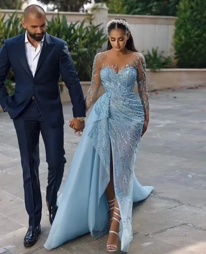 Blue Beaded Long Slevees Evening Dress Arabic Party Dress Side Slit Prom  Dresses | eBay
