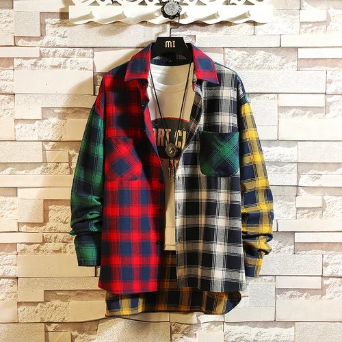 Mens Shirts 2022 personality patchwork red plaid casual hip hop long-sleeved Shirt Men's loose shirt longsleeve shirt for men black short sleeve shirt Shirts