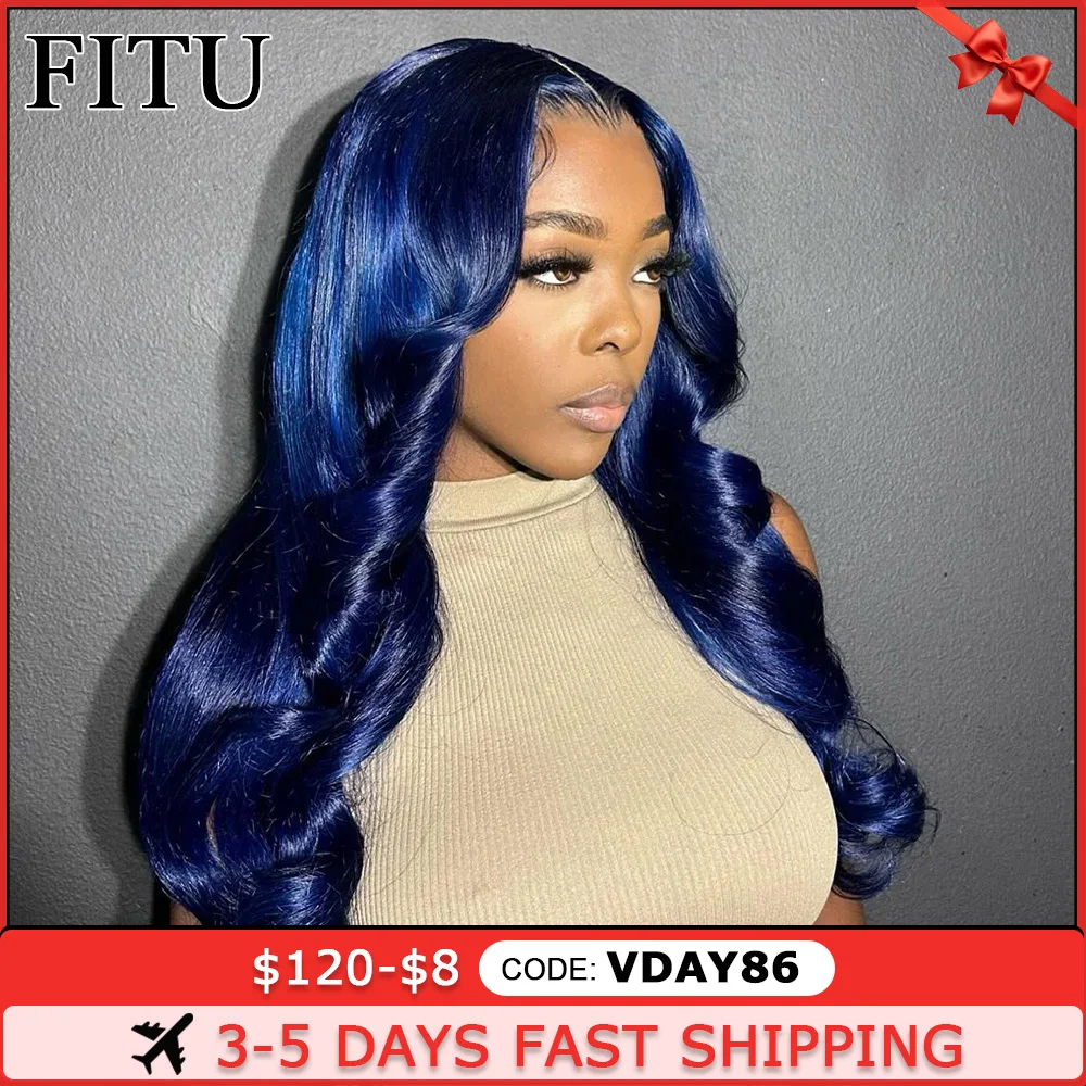 

FITU Midnight Blue Transparent 13x6 13x4 Lace Frontal Human Hair Wig 613 Colored Plucked With Baby Hair 5x5 Lace Closure Wig