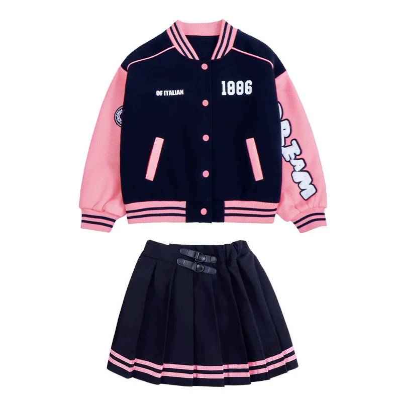 

Teen Girls Spring Baseball Uniform Suit Autumn Fashion Letter Print Patchwork Jacket Coat + Pleated Skirt 2pcs Outfits 4-14Y