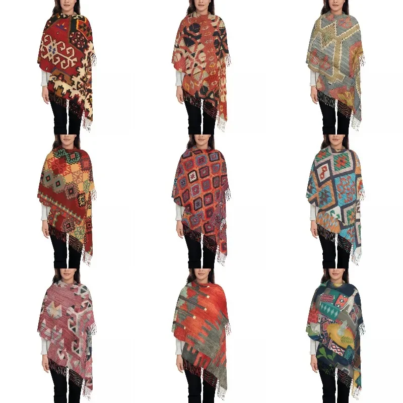 

Sarkisla Sivas Bohemian Turkish Kilim Tassel Scarf Winter Fall Warm Shawls Wraps Vintage Ethnic Art Geometric Diamond Scarves