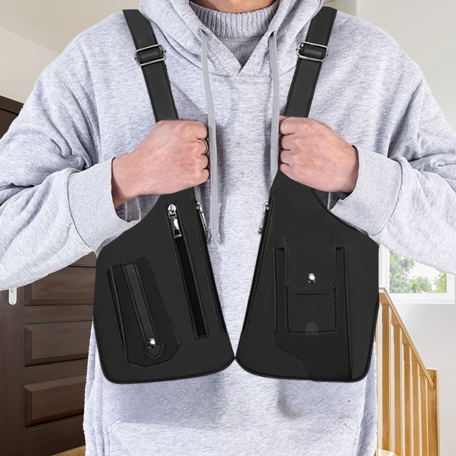 Men PU Leather Nylon Multi-Purpose Crossbody Bag Adjustable Strap Back Crossbody Bags for Hiking Hunting Fishing Running Cycling