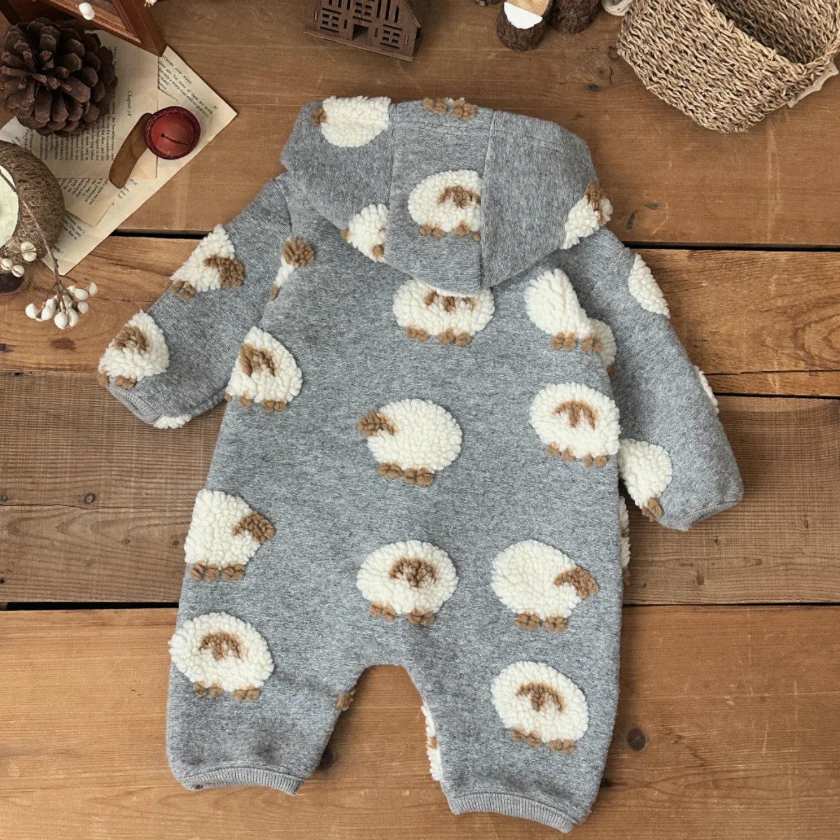 1-18 mesi bambino inverno grigio con cappuccio agnello ricamato manica lunga peluche tuta quotidiana neonato ragazzi ragazze vestiti caldi - immagine 6