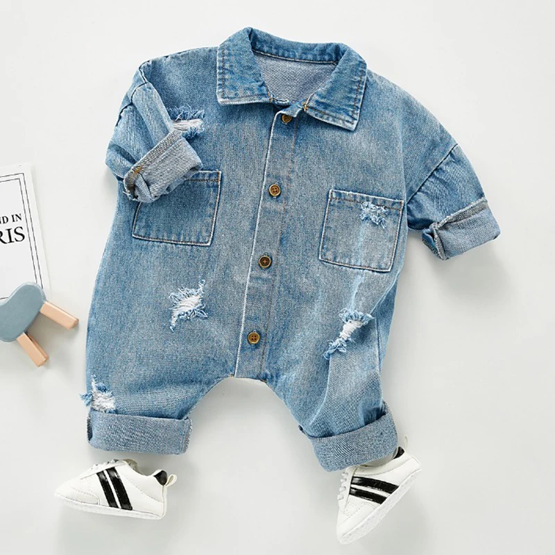 Spring Autumn Newborn Boys Girls Cowboy Broken Hole Jumpsuits Clothes Baby Long Sleeve Rompers Children Rompers
