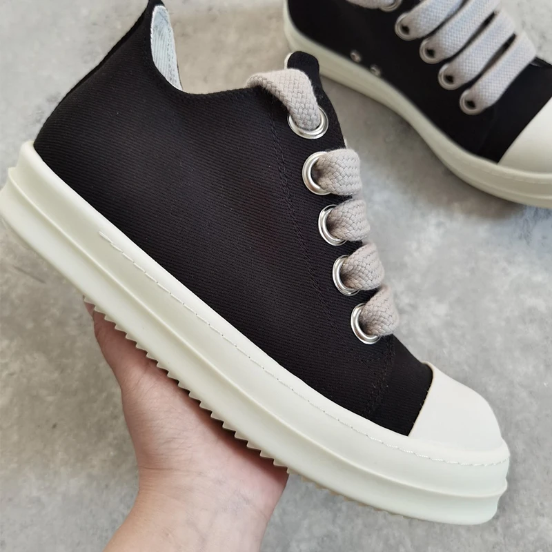 Men's Canvas Shoes Jumbo Shoelace Women's Sneakers Black Lace-up O-wen Low Top Men's Casual Shoes