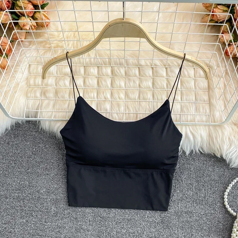 Women Crop Tops Sexy Solid Color Camisole Ice Silk Tube Top Seamless Sports Tank Top Wireless Underwear Padded Bra Bralette Vest Women Tank Tops Beach Crop Tops