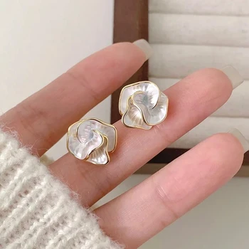 925 Silver Needle Korean White Enamel Flower Stud Earrings For Women Folded Multi-layers Floral Female Small Earrings 2025 New