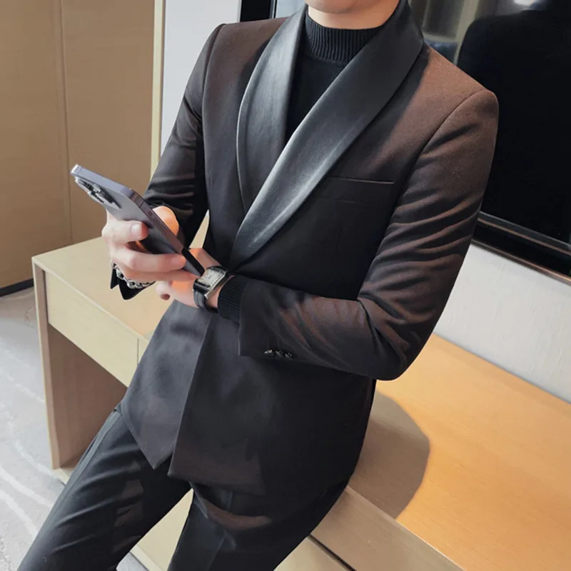 Spring New Double breasted Men's High Order Supply Host emcee suit Men's jacket Solid color patchwork leather suit S-4XL