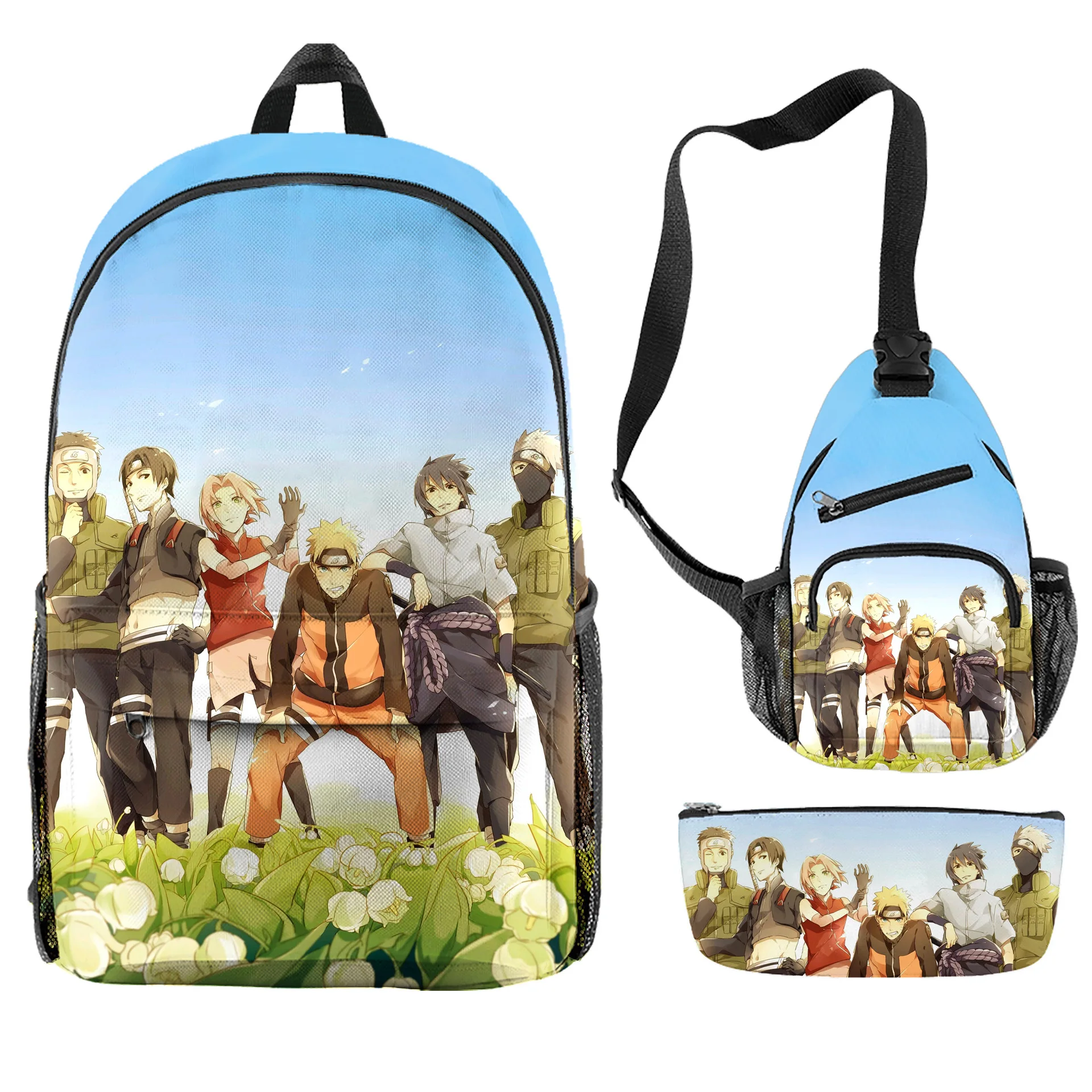 

Naruto Peripheral Elementary School Student Schoolbag Cartoon Anime Backpack Shoulder Bag Pencil Case Three-piece Set