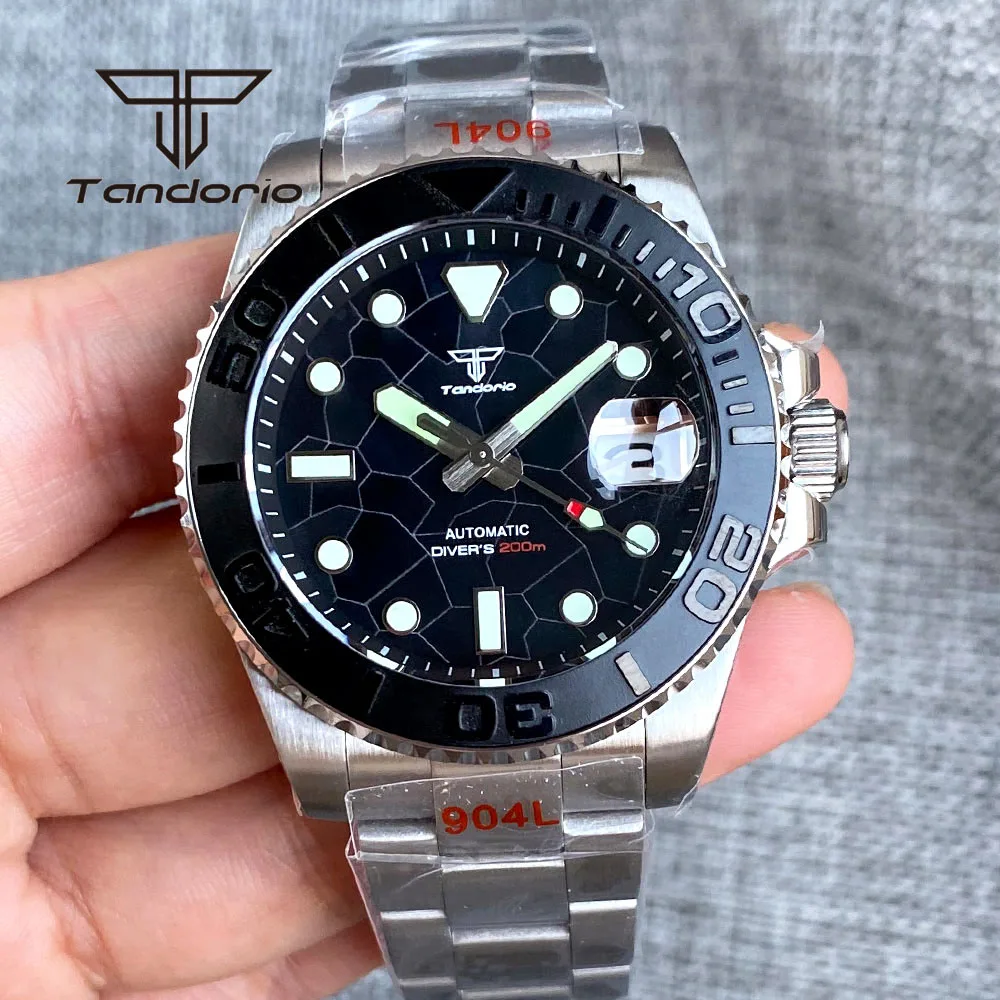 Tandorio NH35A Sapphire 40mm Classic 20Bar Dive Automatic Watch for Men Luminous Black MOP Dial Rotating Bezel Date Screw Crown