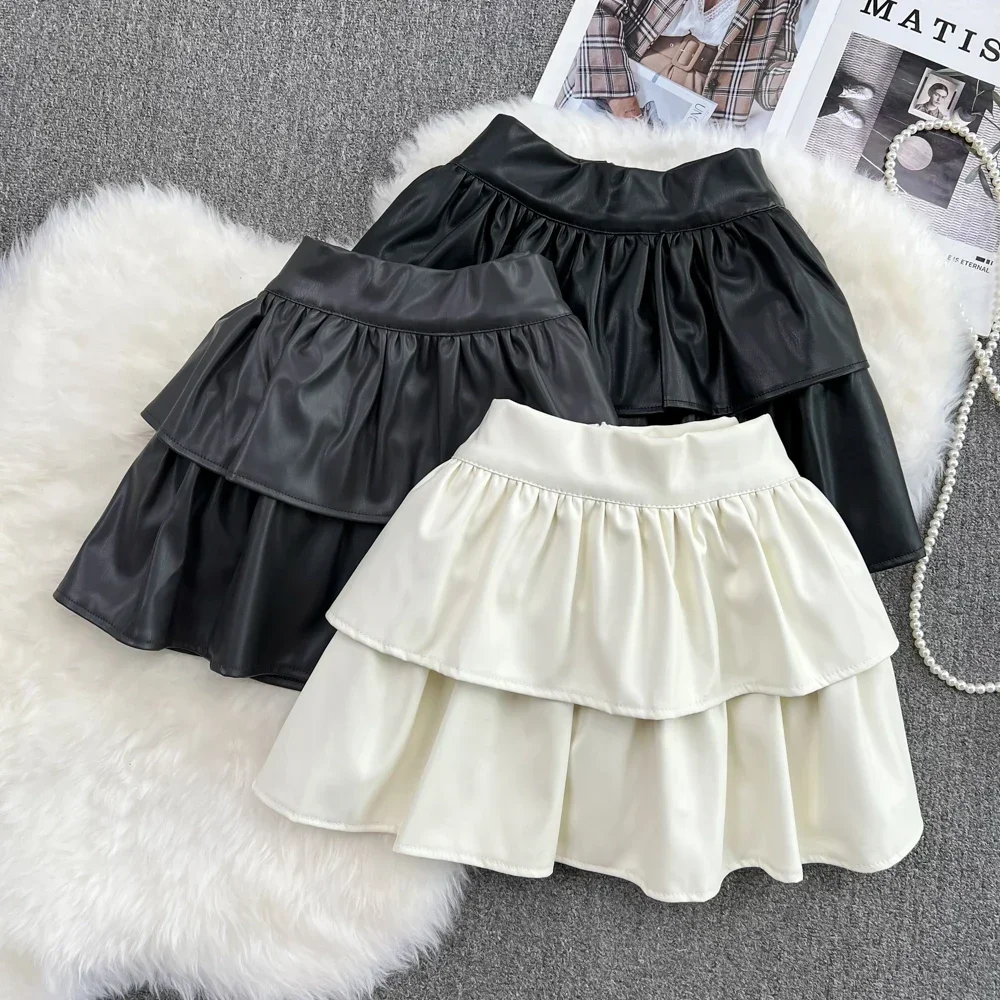 

Korean Fashion Leather Skirts Women High Waist A-line Female PU Mini Skirt with Shorts Autumn Sweet Womens Cake Skirt Dropship