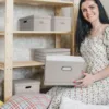Medium 15" 21 Quart Collapsible Stackable Storage Bins w/ Lids, 5 Packs Beige Foldable Fabric Closet Boxes Lidded Linen 6