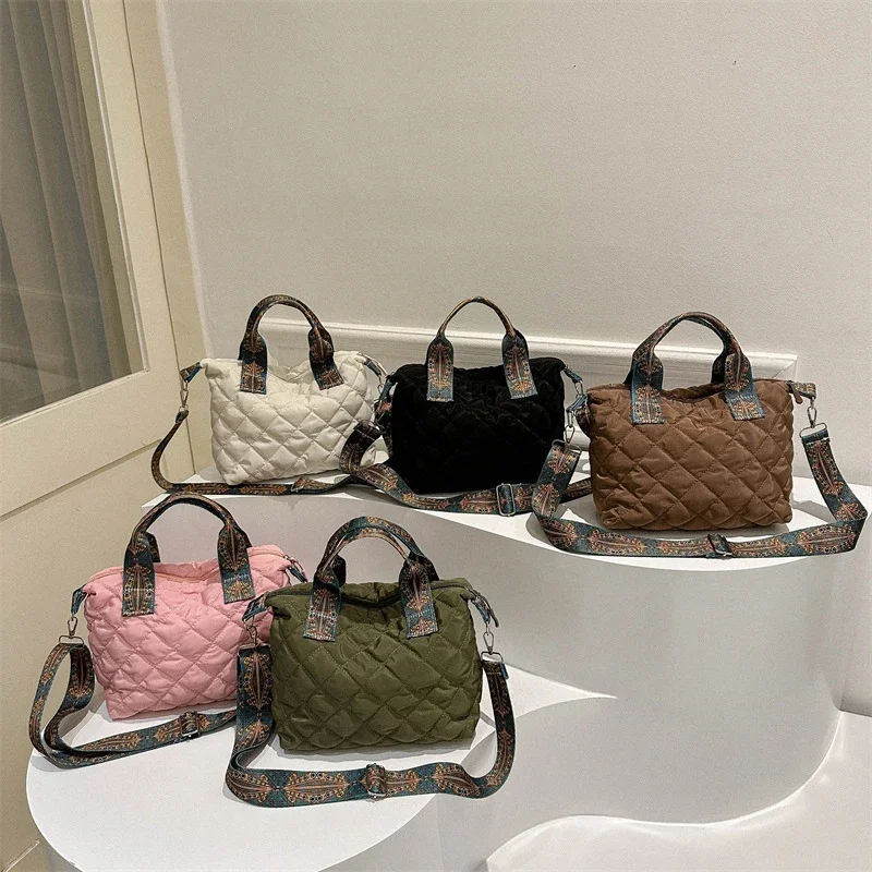 Women Wide Shoulder Belt Handbag Fall/Winter Rhombus Space Cotton Shoulder Bag Large Capacity All-Match Shopping Tote Bag shoulder bag,ladies handbag