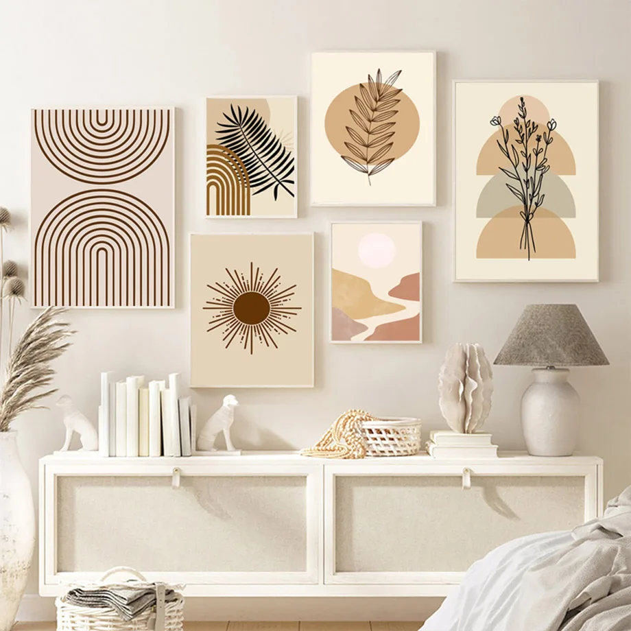 

Abstract Boho Landscape Sun River Palm Leaf Line Color Block Poster Wall Art Canvas Painting Wall Pictures For Living Room Decor