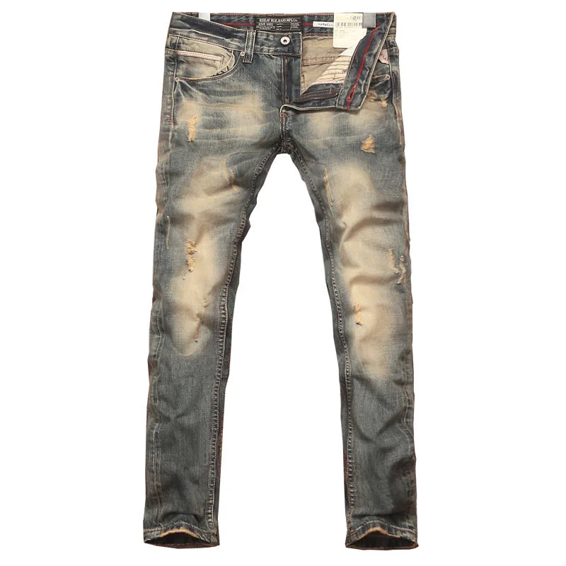 Men Jeans Ripped Jeans Ripped Patchwork Jeans Autumn and Winter Vintage Ripped Solid Color Small Foot Pants Men&rsquo;s Casual Comfort