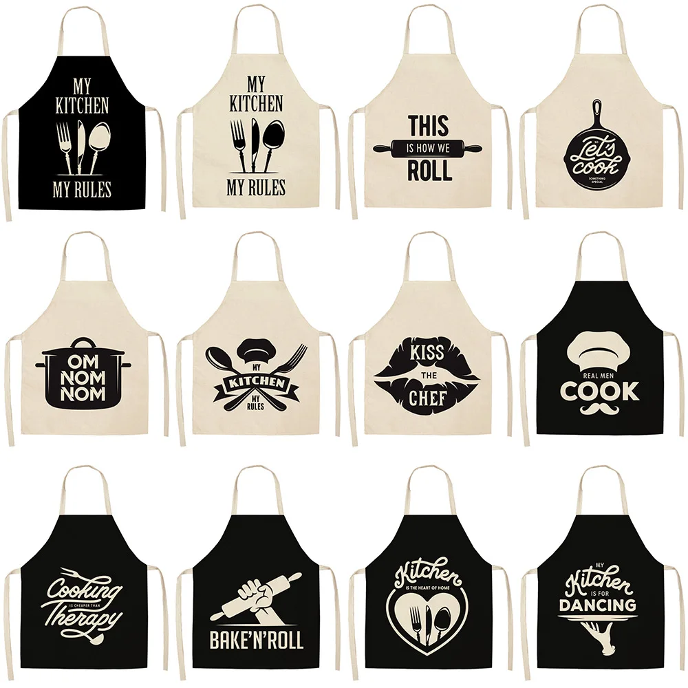 Simple Letter Kitchenware Cute Cartoon Cat Print Kitchen Apron Waterproof Apron Cleaning Household Tools Nordic Oil-proof denim cotton linen apron