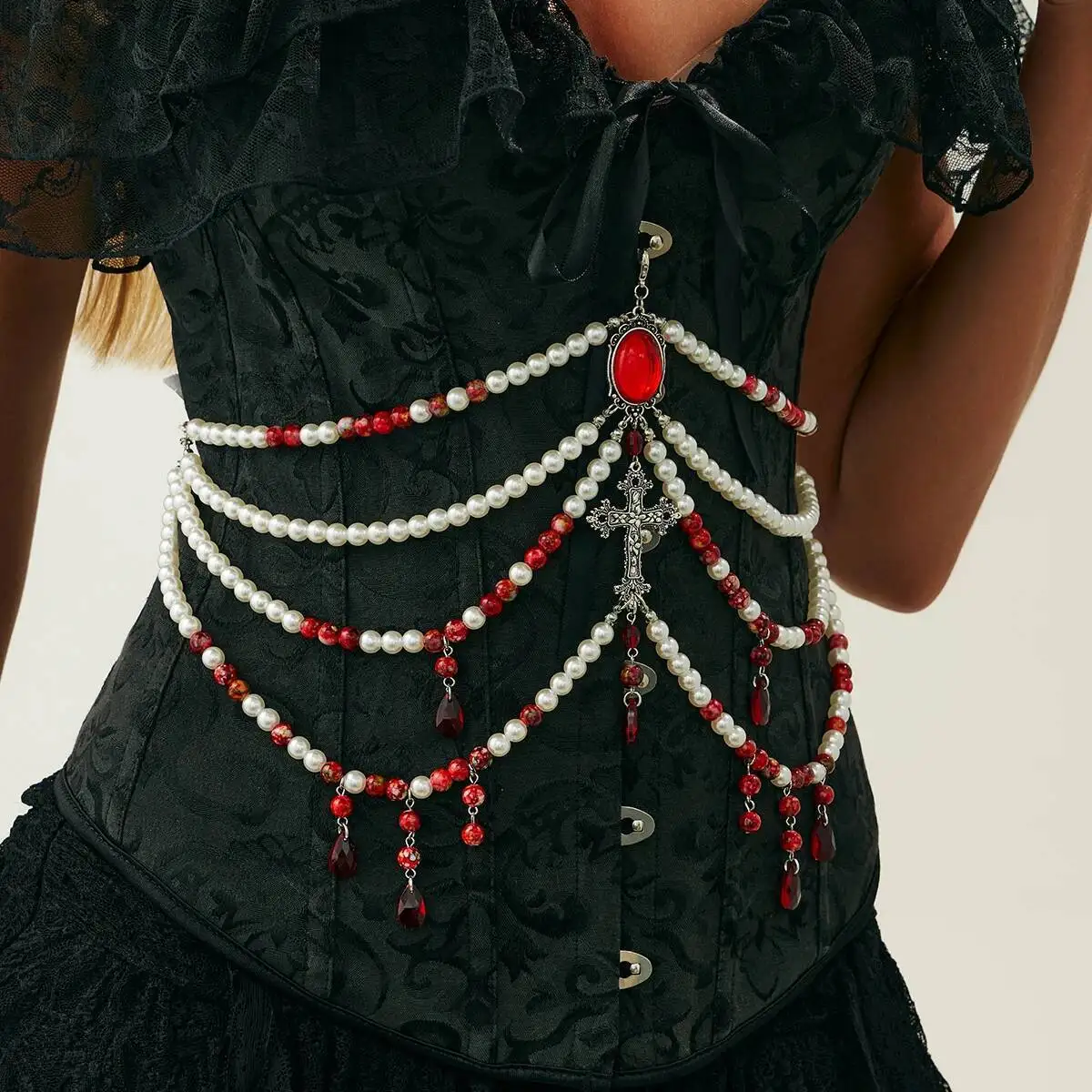 Salircon Goth Multilayer Imitation Pearl Tassel Cross Waist Chain Women Exquisite Red Rhinestone Body Chain Halloween Jewelry