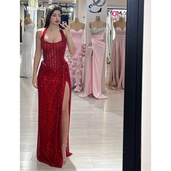 Amanda Customized Burgundy Halter Neck Glitter Prom Dresses