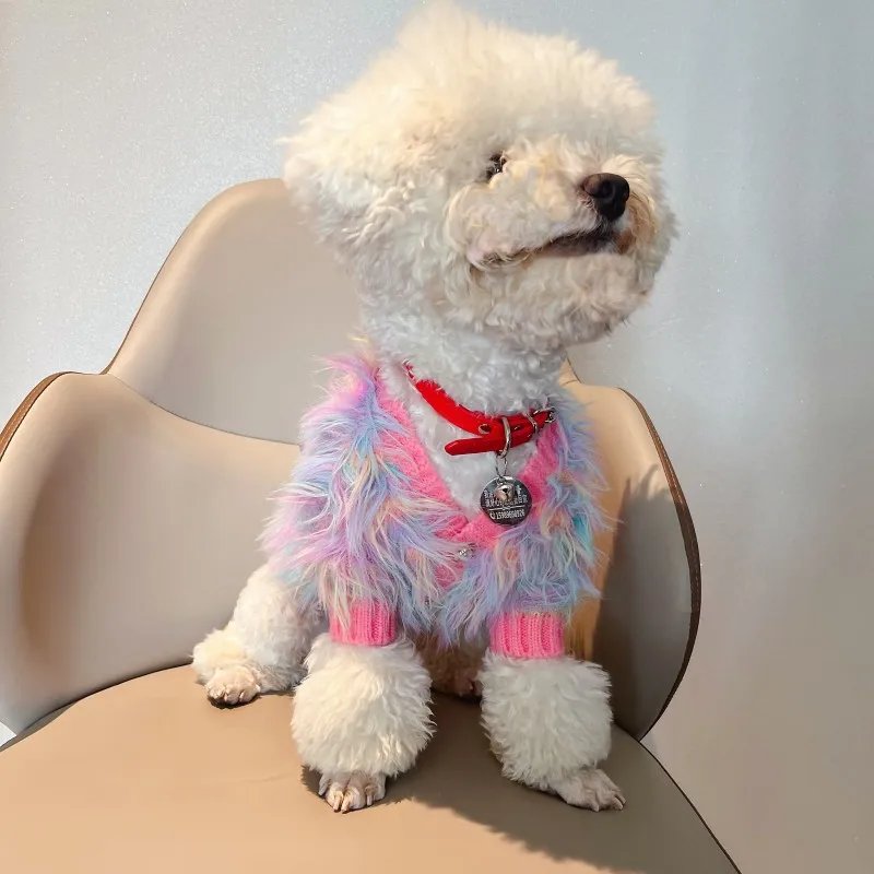 가을 겨울 애완견 의류 패션 한국식 무지개 니트 조끼 소형 중형견 요크셔 푸들 강아지 작업복 코트