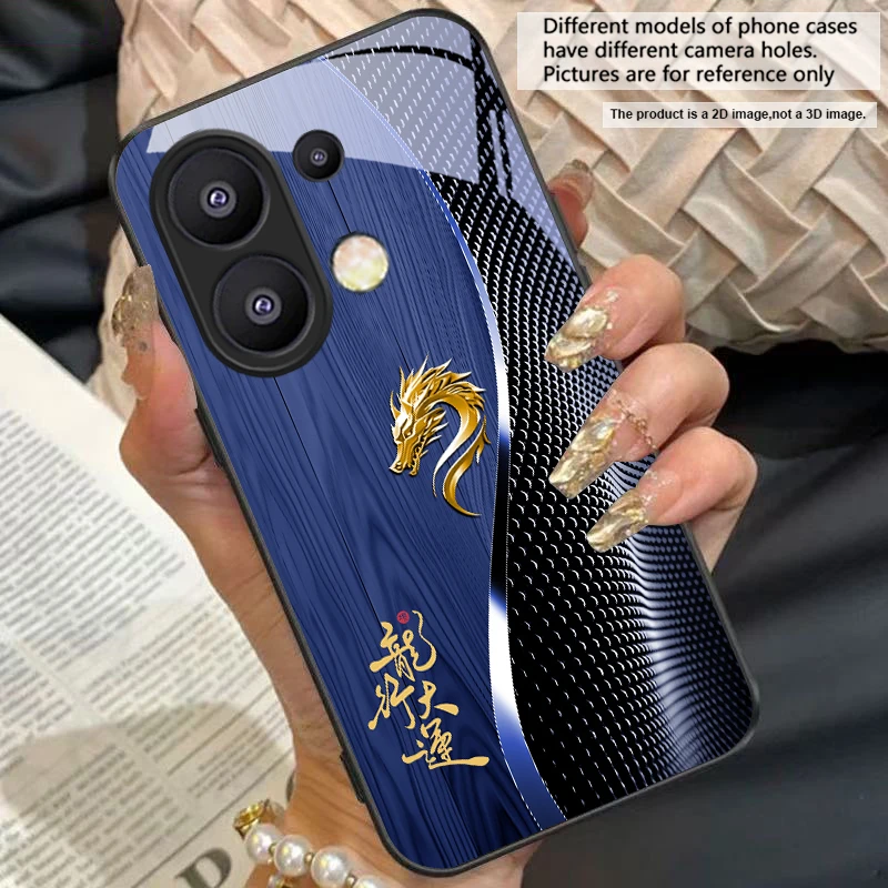 Elegant Black Tempered Glass Phone Case with Traditional Dragon Totem Design