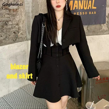 여성용 노치 블랙 블레이저 세트, 미니 A 라인 스커트, 멋진 젊은 M-5XL, 캐주얼 스타일리시, 올 매치, 우아한 봄 인스타, 2 개, 신상
