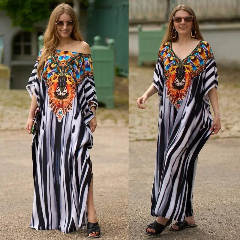11 Colors New Boho Print Bikini Cover-ups Sexy Batwing Sleeve Maxi Dress Women Moroccan Kaftan Robe Beach Wear Rode Plage Sarong