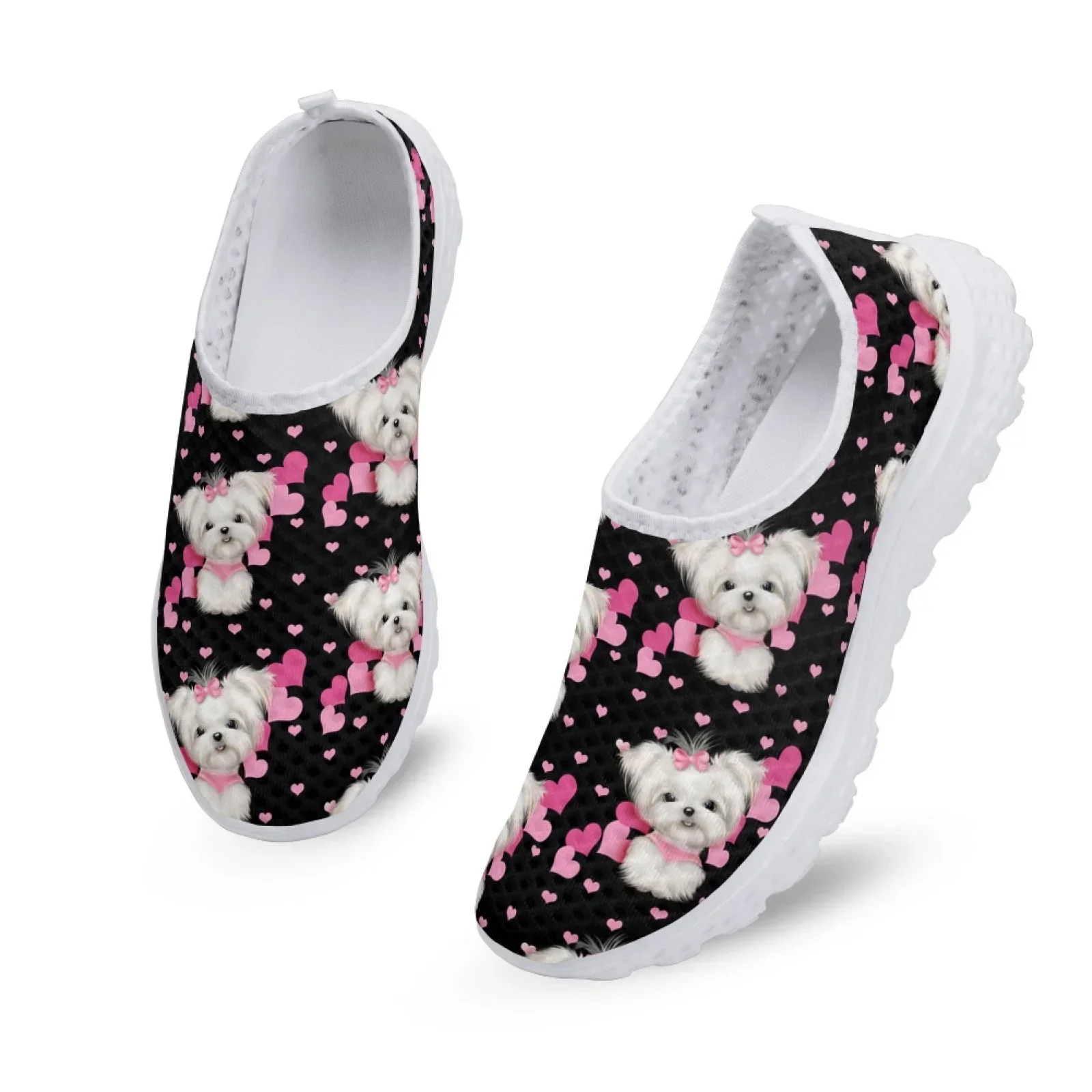 Cute Pet Dog Print Shoes Women Maltese Dog Pattern Summer Beach Water Shoes Women's Mesh Loafers Slip On Sneakers