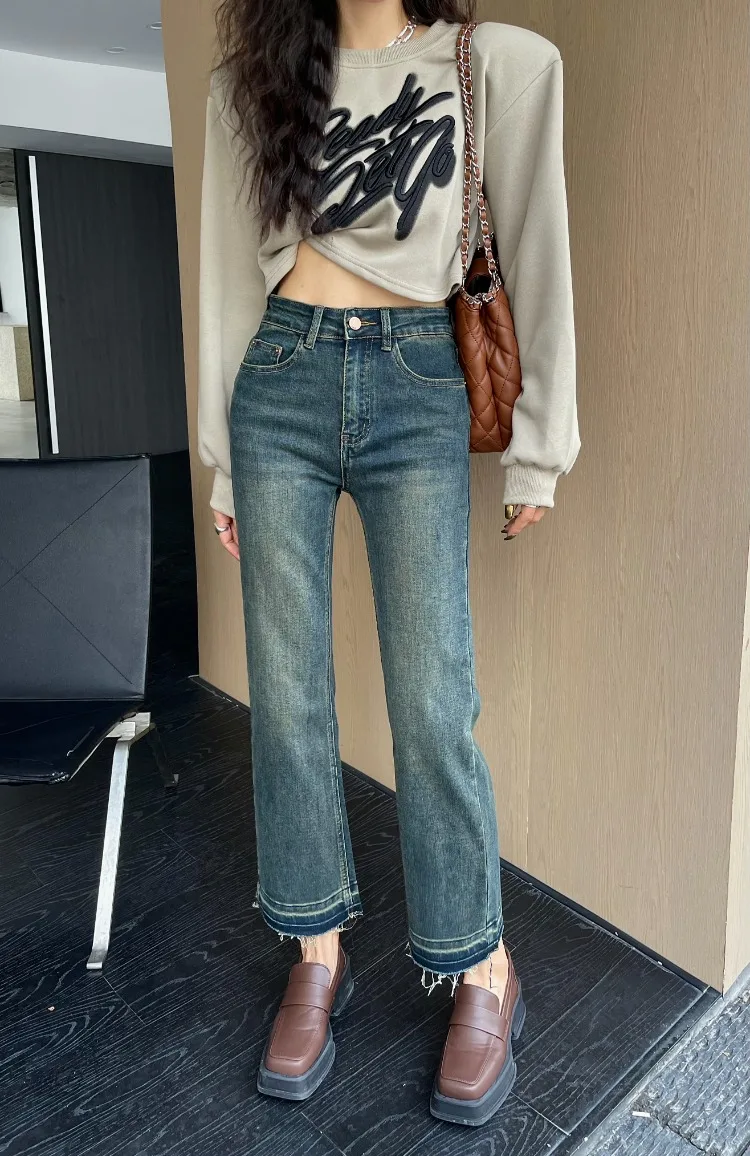 

Women's High Waist Straight Ankle-length Blue Jeans Street Style Casual Denim Pants Female Burr Edge Design Capris Trousers