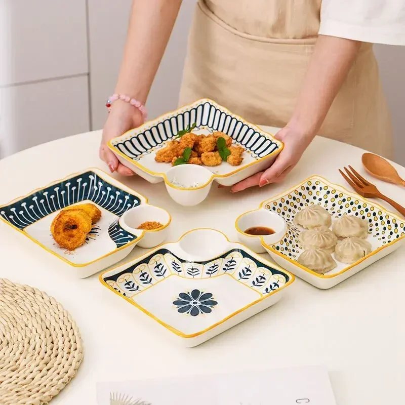 Dumpling Plate with Vinegar Dish Household Ceramic Plate Breakfast Compartment High-Grade Dumpling