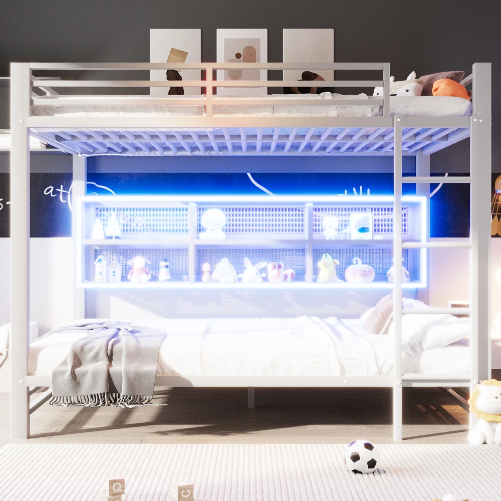 140 x 200 cm großes modernes Etagenbett mit 6 Aufbewahrungsschränken und LED-Lichtern, Babybett aus Metall mit Geländer, geeignet für Kinderzimmer – Detail 24