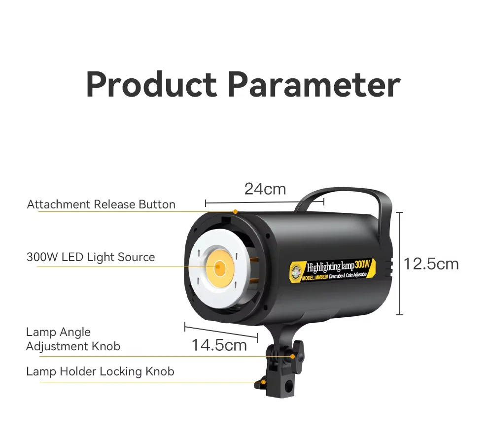 300W LED Video Light 5700K Continuous Dimmable Aluminum Photography Lamp and 2.1-meter support bracket