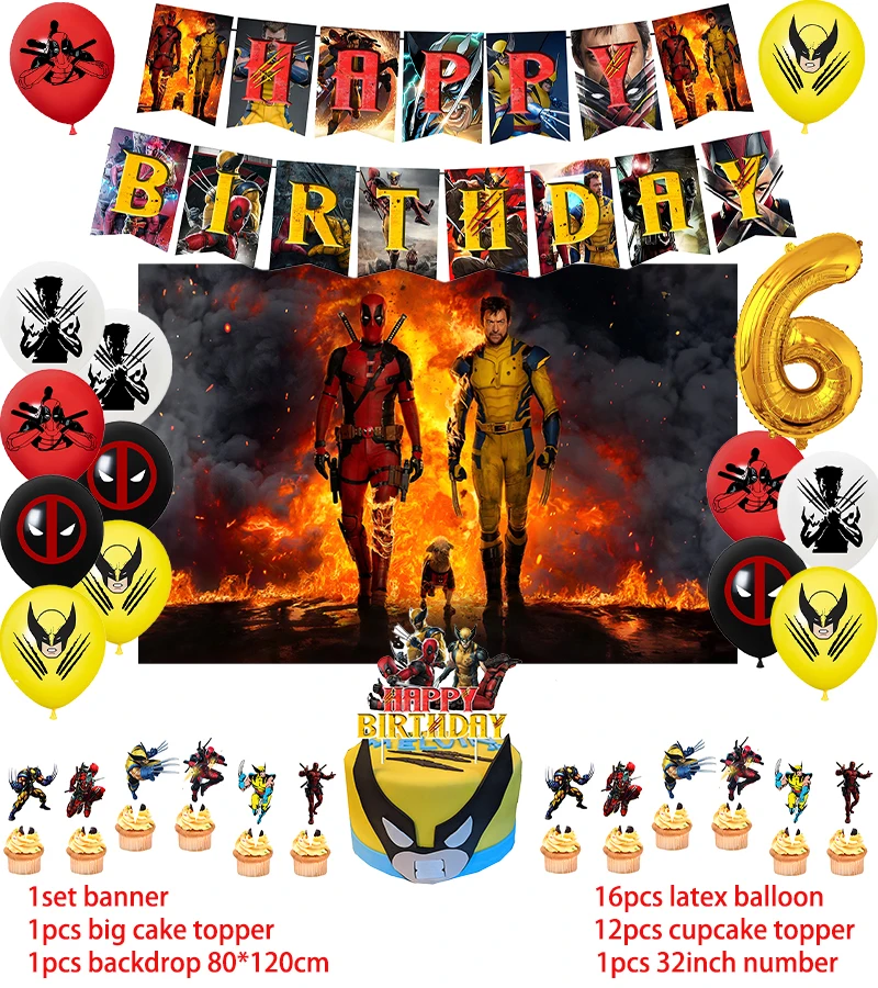 Description Picture 6 of itemDeadpool And Wolverine Birthday Party Decoration Balloon Banner Backdrop Cake Topper Supplies Baby Shower