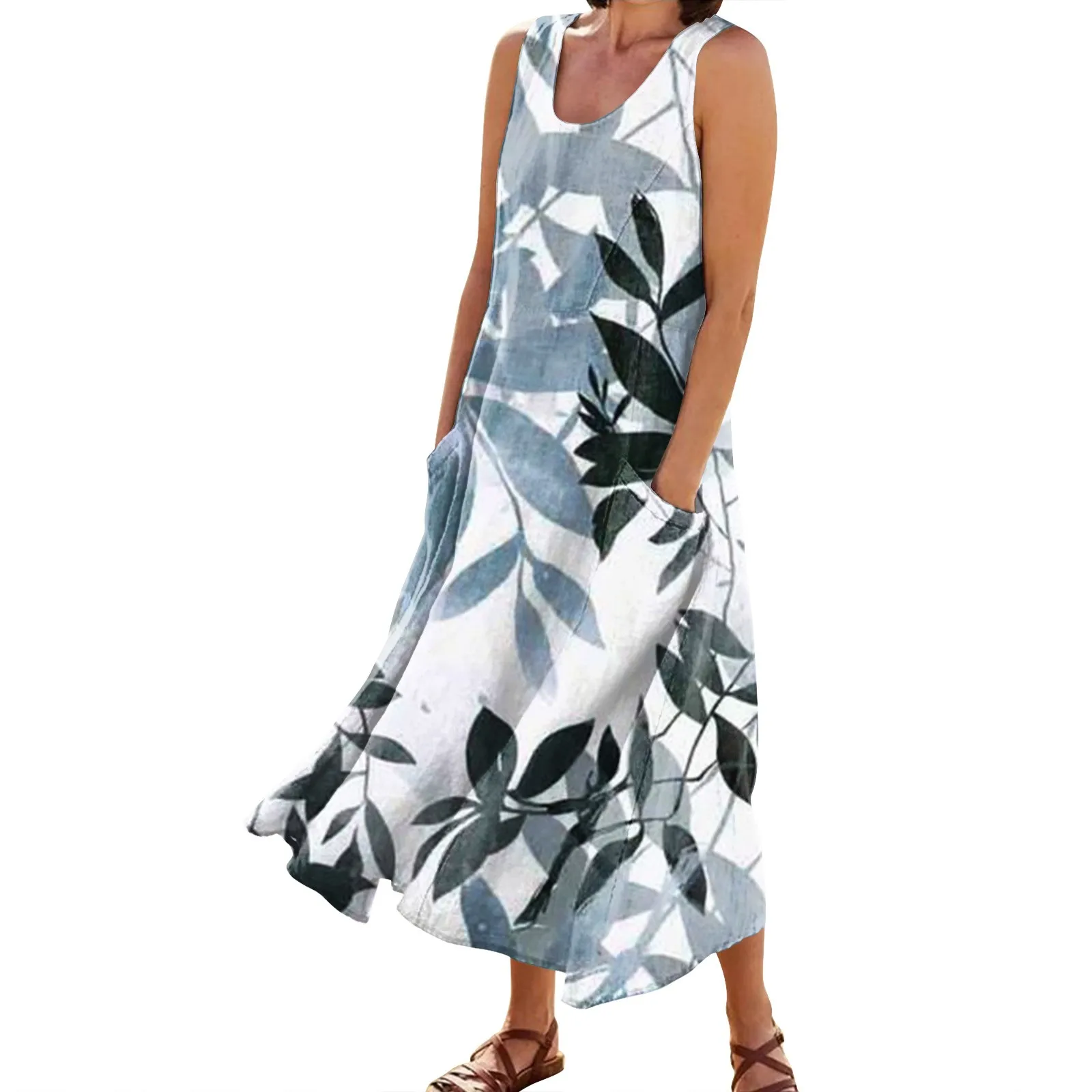 

Women'S Casual Sleeveless Dress Daily Fashion Cotton And Linen Loose Dress Various Leaf Element Print Dress With Pockets