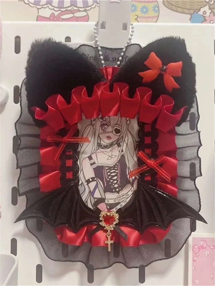 Diablo Black Card Holder Photocard Holders Girls Blood Red Devil Wings Lace Anime Kpop Handmade Poker Cover Postcard Badge Case photocard holder