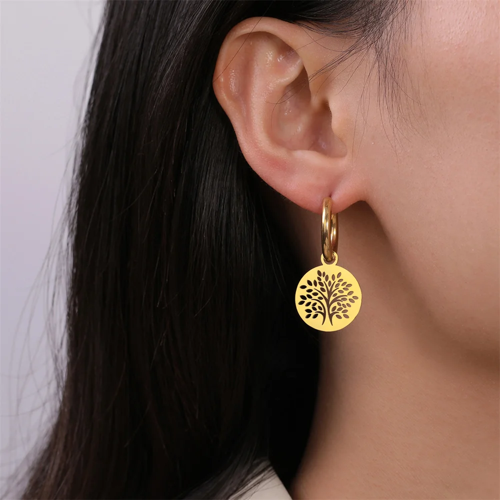 EUEAVAN Round Tree of Life Stainless Steel Drop Earrings for Woman Girls 2023 Trendy Good Luck Earring Amulet Jewelry Party Gift 5