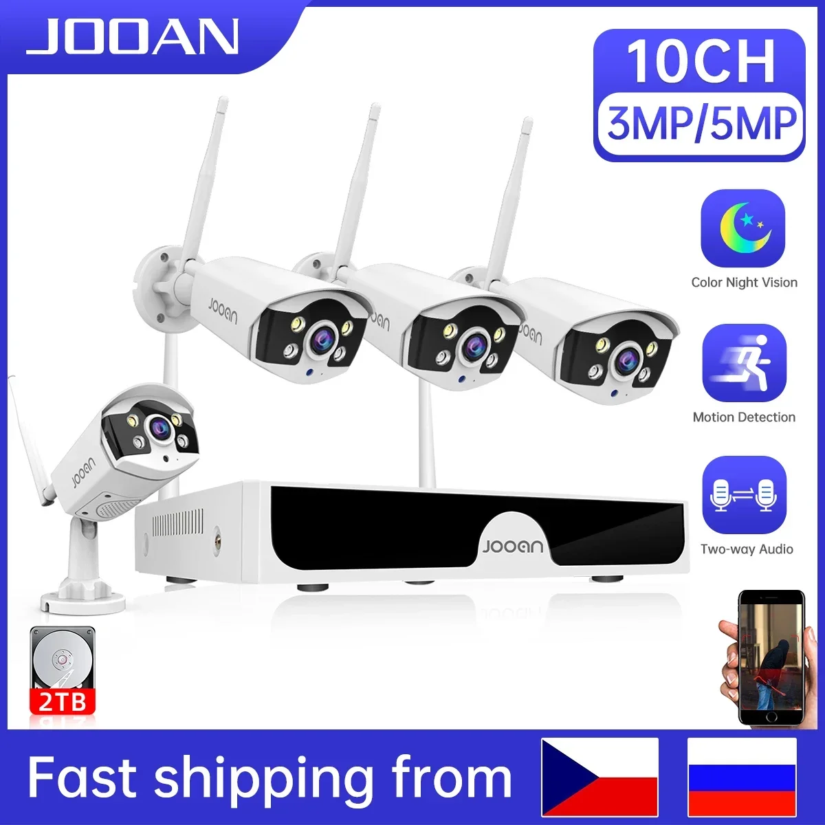 

Система видеонаблюдения Jooan, 3 Мп, 5 Мп, Wi-Fi, 10CH, NVR, двусторонняя аудиосвязь, наружные беспроводные IP-камеры, комплект видеонаблюдения