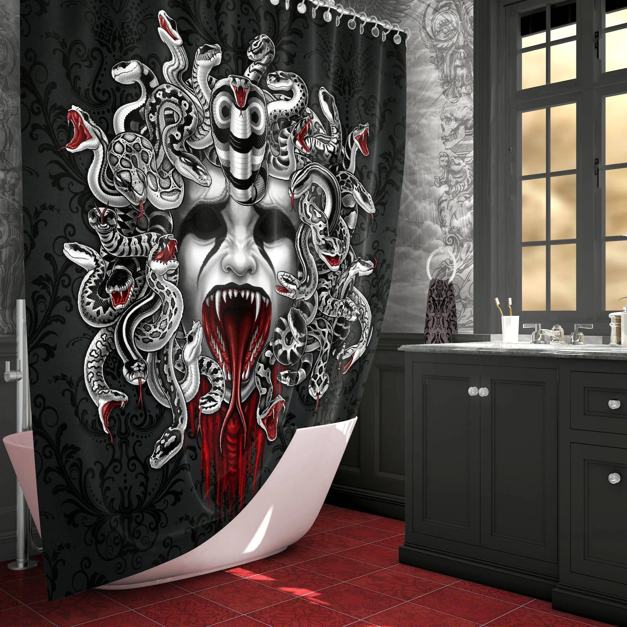 

Gothic Shower Curtain,Nu Goth Bathroom Decor,Horror&Halloween Art-Screaming Medusa & Skull, Black&White Snakes Bathroom Curtains